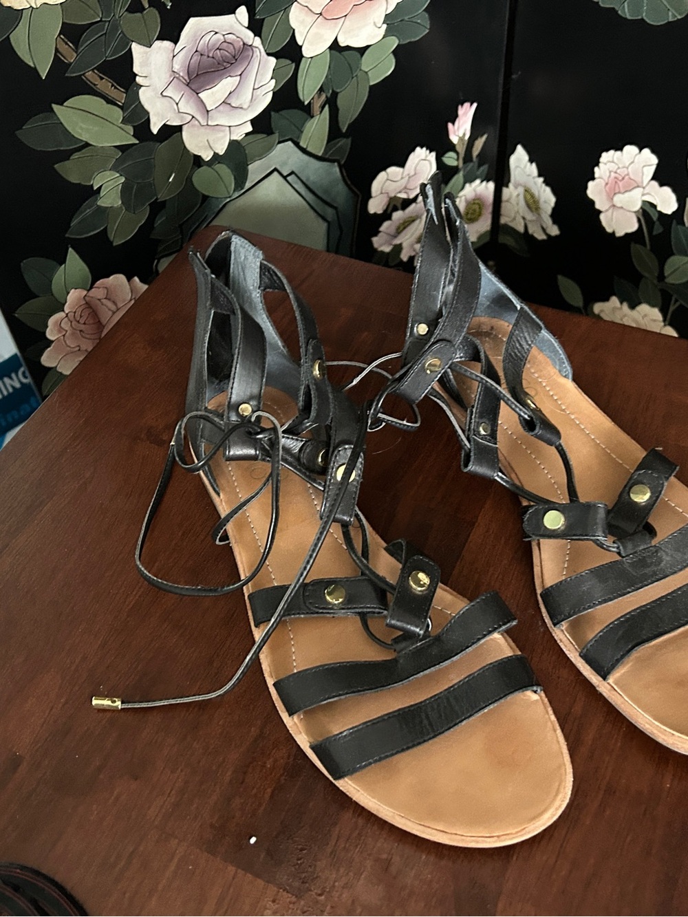 Franco Sarto Black Strappy Lace-Up Gladiator Sandals with Gold Accents